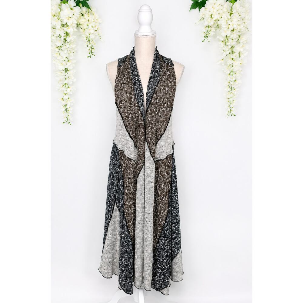 Lagenlook Open Knit Duster Vest Large Wool Blend Gray Marled Waterfall Boho - Picture 3 of 15